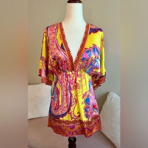 Hale Bob Top Vibrant Yellow Pink Floral Paisley Silk Blouse Deep V Neck XS Y2K